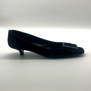 PRADA Italy Black Large Buckle Suede Kitten Heel Pumps Shoes EU 39.5/US 8.5